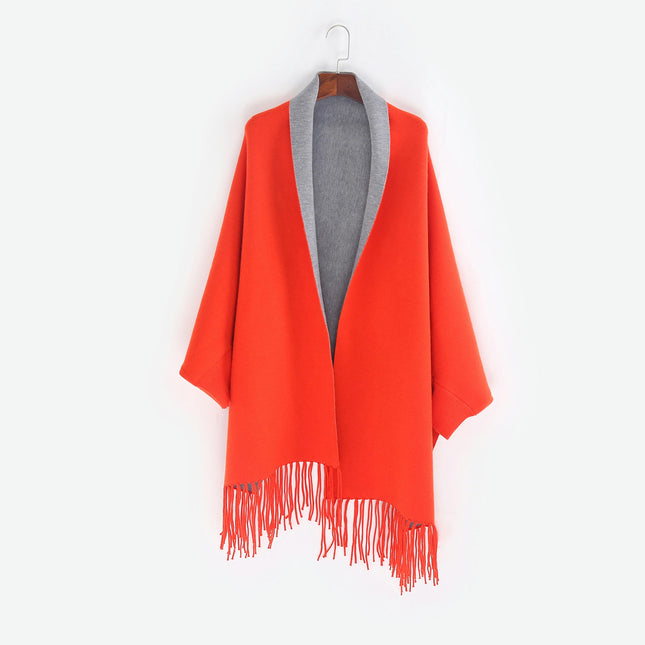 Solid Color With Sleeves Faux Cashmere Shawl - Winter Warm Fringe Sweater Shawl, Reversible Solid Color Cardigan