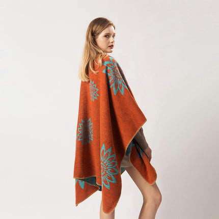 Women's Autumn and Winter Extended Scarf Shawl Double-sided Faux Cashmere Lotus Pattern Open Ban Cloak