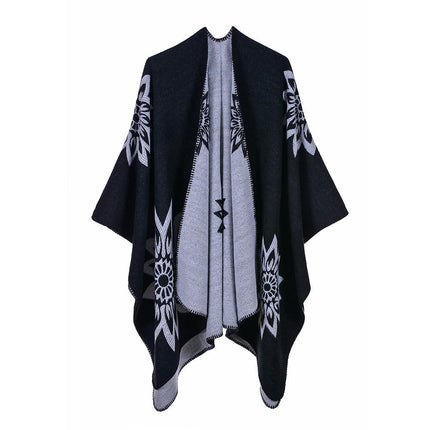 Women's Autumn and Winter Extended Scarf Shawl Double-sided Faux Cashmere Lotus Pattern Open Ban Cloak