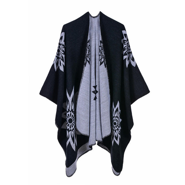 Women's Autumn and Winter Extended Scarf Shawl Double-sided Faux Cashmere Lotus Pattern Open Ban Cloak
