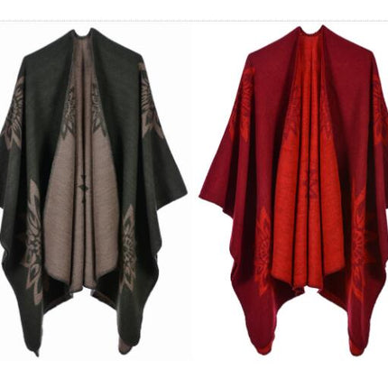 Women's Autumn and Winter Extended Scarf Shawl Double-sided Faux Cashmere Lotus Pattern Open Ban Cloak