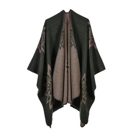 Women's Autumn and Winter Extended Scarf Shawl Double-sided Faux Cashmere Lotus Pattern Open Ban Cloak