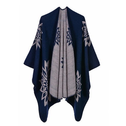 Women's Autumn and Winter Extended Scarf Shawl Double-sided Faux Cashmere Lotus Pattern Open Ban Cloak