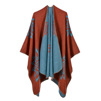 Women's Autumn and Winter Extended Scarf Shawl Double-sided Faux Cashmere Lotus Pattern Open Ban Cloak