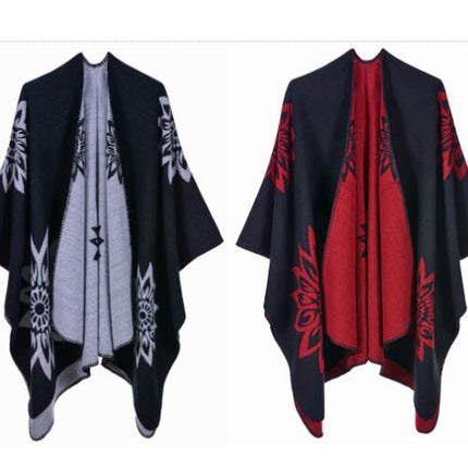 Women's Autumn and Winter Extended Scarf Shawl Double-sided Faux Cashmere Lotus Pattern Open Ban Cloak