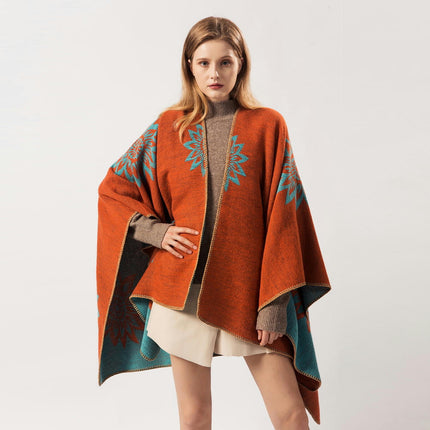 Women's Autumn and Winter Extended Scarf Shawl Double-sided Faux Cashmere Lotus Pattern Open Ban Cloak