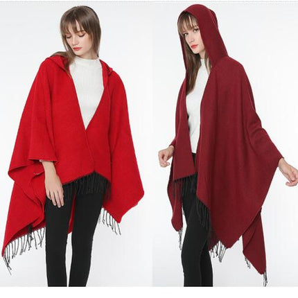 Women's Hooded Shawl Cape Cardigan Solid Color Faux Cashmere Thickened Warm Shawl Cape
