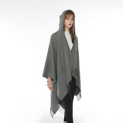 Women's Hooded Shawl Cape Cardigan Solid Color Faux Cashmere Thickened Warm Shawl Cape