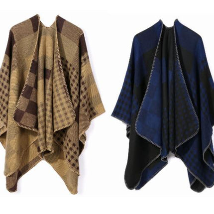 Women's Plaid Sweater Poncho Cape Coat Open Front Blanket Shawls and Wraps