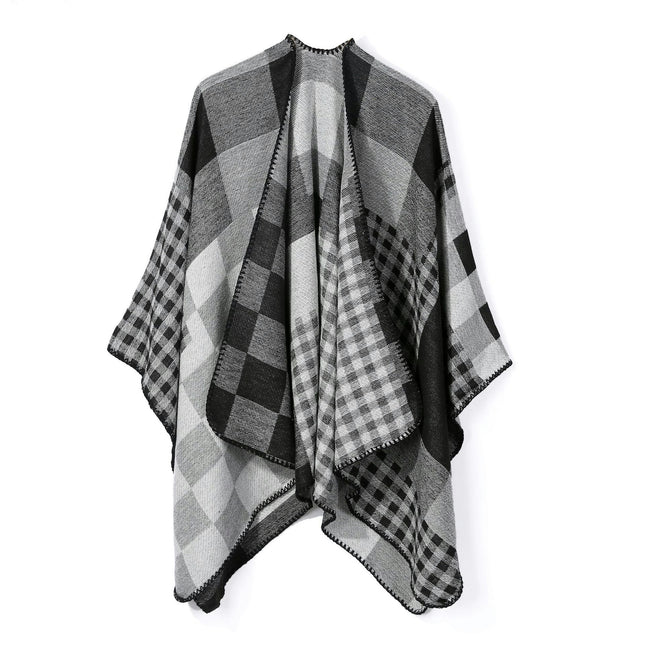 Women's Plaid Sweater Poncho Cape Coat Open Front Blanket Shawls and Wraps