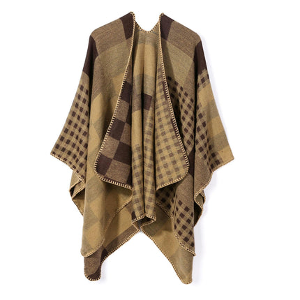 Women's Plaid Sweater Poncho Cape Coat Open Front Blanket Shawls and Wraps