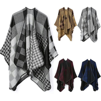 Women's Plaid Sweater Poncho Cape Coat Open Front Blanket Shawls and Wraps