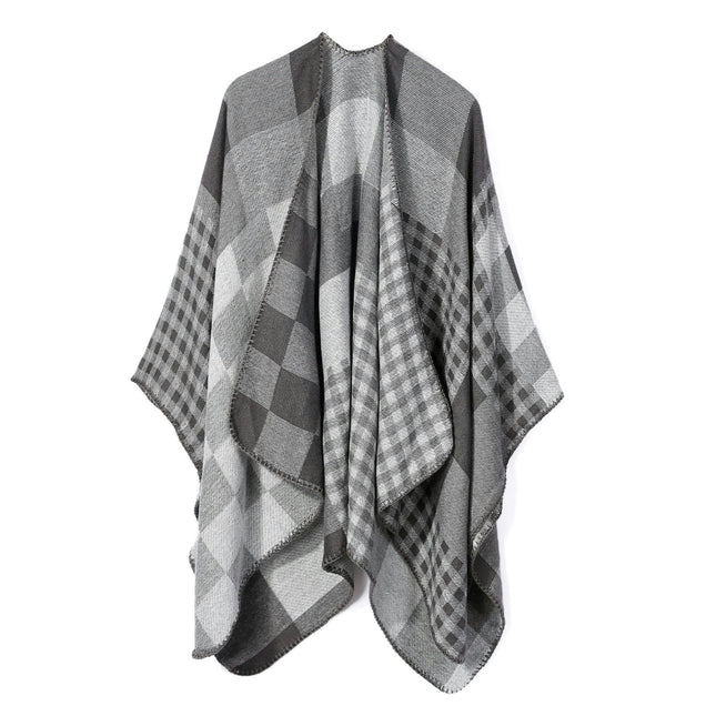 Women's Plaid Sweater Poncho Cape Coat Open Front Blanket Shawls and Wraps