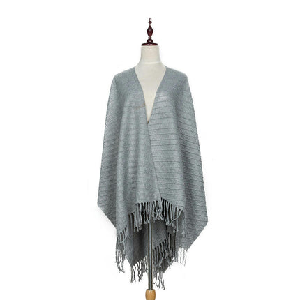 Women's Solid Color Cozy Warm Poncho Sweater Elegant Shawl Wrap with Fringe