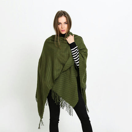 Women's Solid Color Cozy Warm Poncho Sweater Elegant Shawl Wrap with Fringe