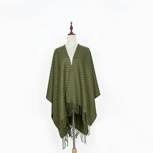Women's Solid Color Cozy Warm Poncho Sweater Elegant Shawl Wrap with Fringe