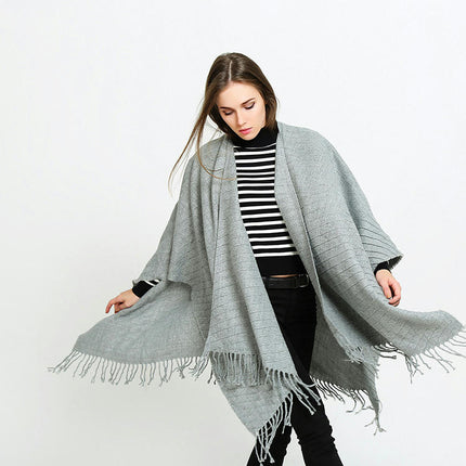 Women's Solid Color Cozy Warm Poncho Sweater Elegant Shawl Wrap with Fringe