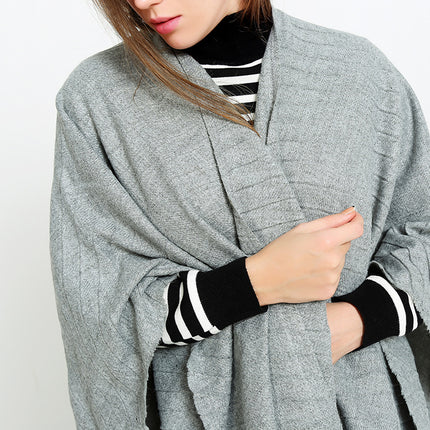 Women's Solid Color Cozy Warm Poncho Sweater Elegant Shawl Wrap with Fringe