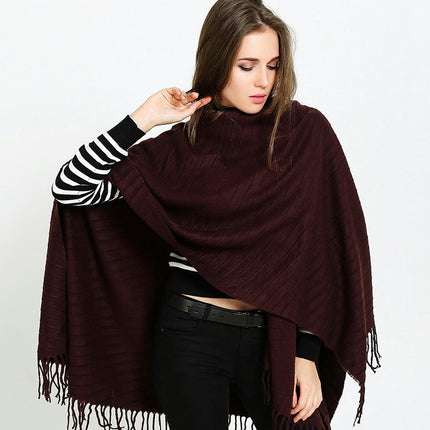 Women's Solid Color Cozy Warm Poncho Sweater Elegant Shawl Wrap with Fringe