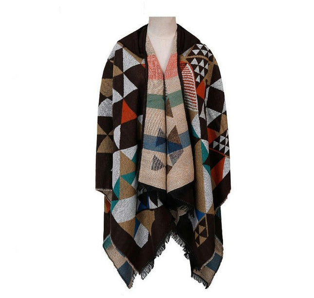 Women's Hooded Colorblocking Shawl Wrap Large Size Cardigan Poncho Lapel Long Winter Sweater Coat