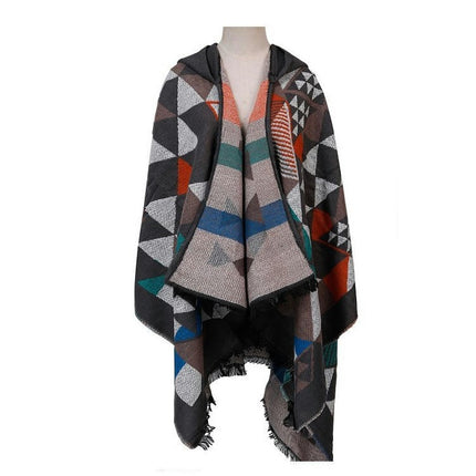 Women's Hooded Colorblocking Shawl Wrap Large Size Cardigan Poncho Lapel Long Winter Sweater Coat