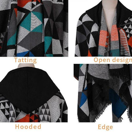 Women's Hooded Colorblocking Shawl Wrap Large Size Cardigan Poncho Lapel Long Winter Sweater Coat