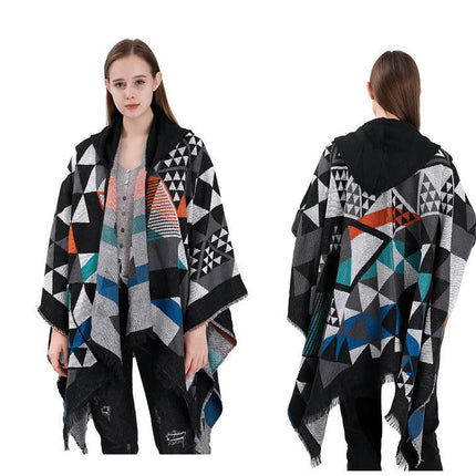 Women's Hooded Colorblocking Shawl Wrap Large Size Cardigan Poncho Lapel Long Winter Sweater Coat