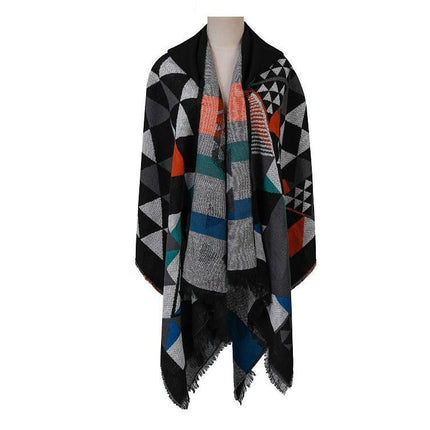 Women's Hooded Colorblocking Shawl Wrap Large Size Cardigan Poncho Lapel Long Winter Sweater Coat