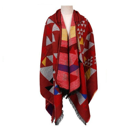 Women's Hooded Colorblocking Shawl Wrap Large Size Cardigan Poncho Lapel Long Winter Sweater Coat