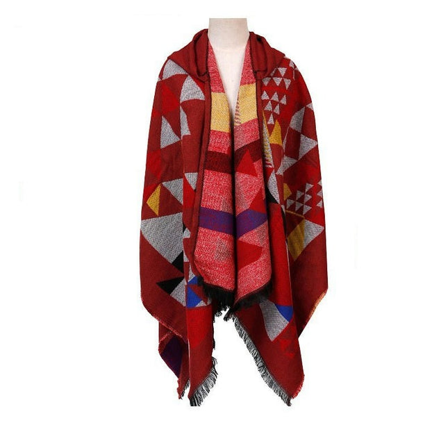 Women's Hooded Colorblocking Shawl Wrap Large Size Cardigan Poncho Lapel Long Winter Sweater Coat