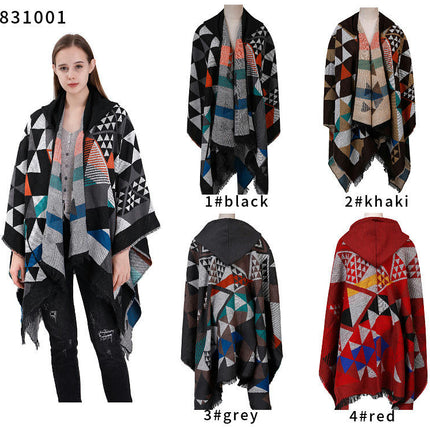 Women's Hooded Colorblocking Shawl Wrap Large Size Cardigan Poncho Lapel Long Winter Sweater Coat