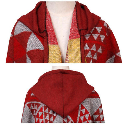 Women's Hooded Colorblocking Shawl Wrap Large Size Cardigan Poncho Lapel Long Winter Sweater Coat