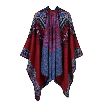Women's Color Block Shawl Wrap Open Front Poncho Cape  Faux Cashmere Scarf Shawl Dual Purpose