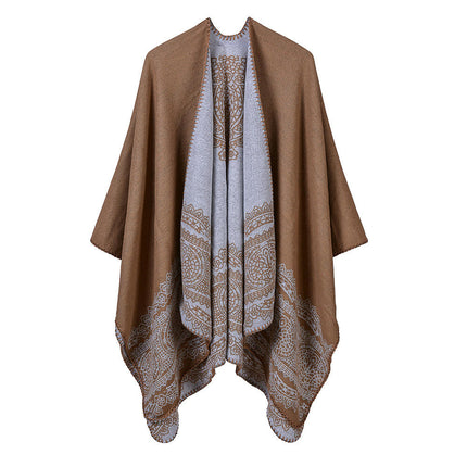 Women's Color Block Shawl Wrap Open Front Poncho Cape  Faux Cashmere Scarf Shawl Dual Purpose