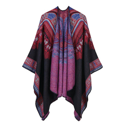 Women's Color Block Shawl Wrap Open Front Poncho Cape  Faux Cashmere Scarf Shawl Dual Purpose