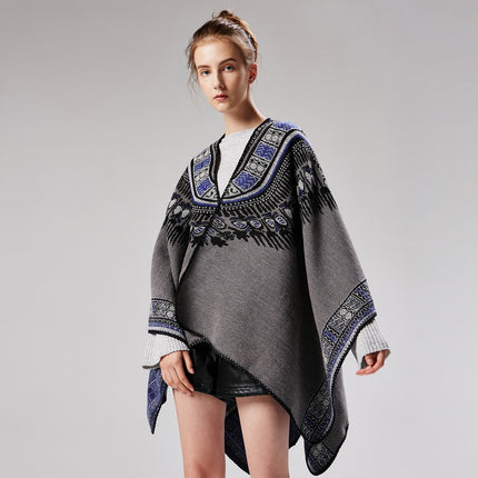 Women's Color Block Shawl Wrap Open Front Poncho Cape  Faux Cashmere Scarf Shawl Dual Purpose