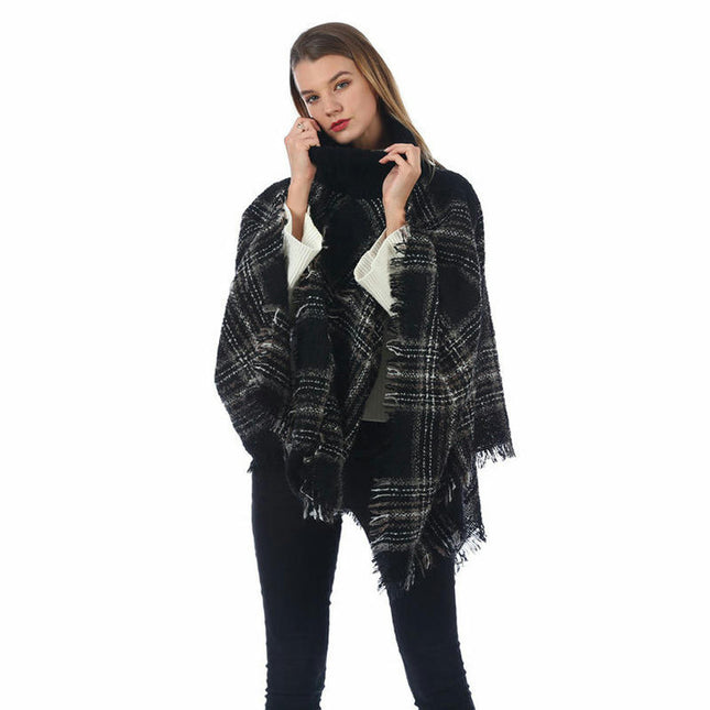 Spring Autumn Plaid High Collar Imitate Cashmere Knitted Shawl Thermal Cover Tassel Poncho Lady Capes