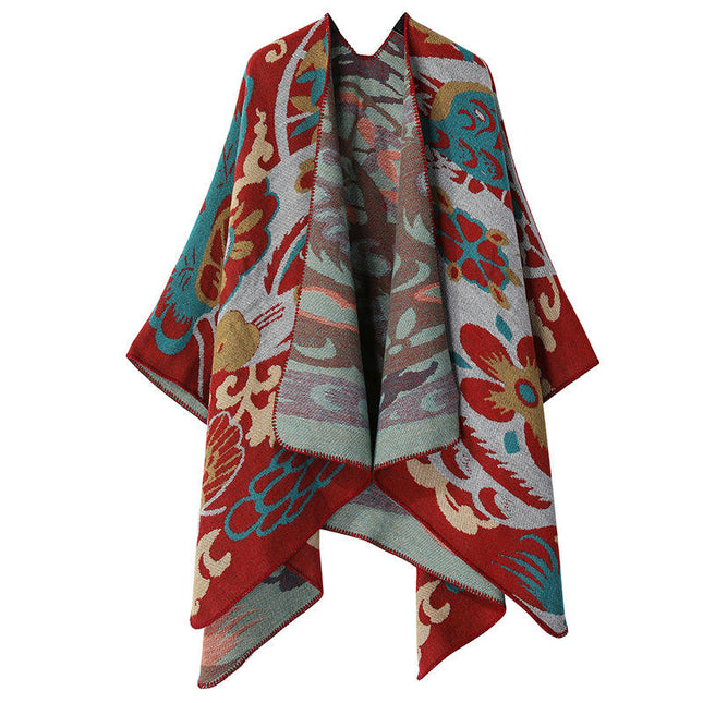 Women's Thickened Faux Cashmere Shawl Lengthened Splicing Lapel Scarf Cape Coat