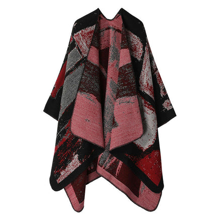 Women's Thickened Faux Cashmere Shawl Lengthened Splicing Lapel Scarf Cape Coat