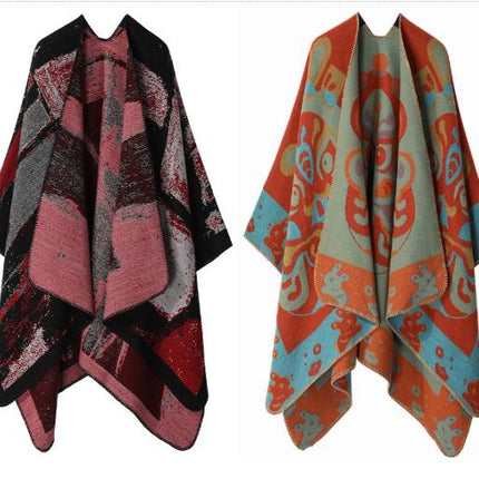 Women's Thickened Faux Cashmere Shawl Lengthened Splicing Lapel Scarf Cape Coat