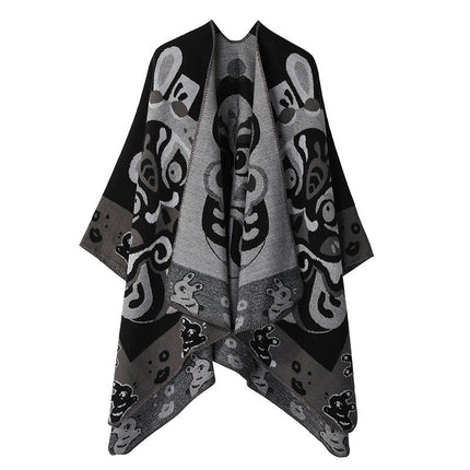 Women's Thickened Faux Cashmere Shawl Lengthened Splicing Lapel Scarf Cape Coat