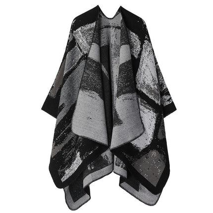 Women's Thickened Faux Cashmere Shawl Lengthened Splicing Lapel Scarf Cape Coat