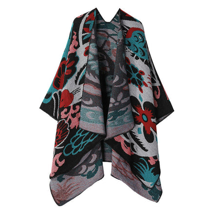 Women's Thickened Faux Cashmere Shawl Lengthened Splicing Lapel Scarf Cape Coat