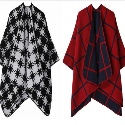 Women's Thickened Faux Cashmere Shawl Lengthened Splicing Lapel Scarf Cape Coat
