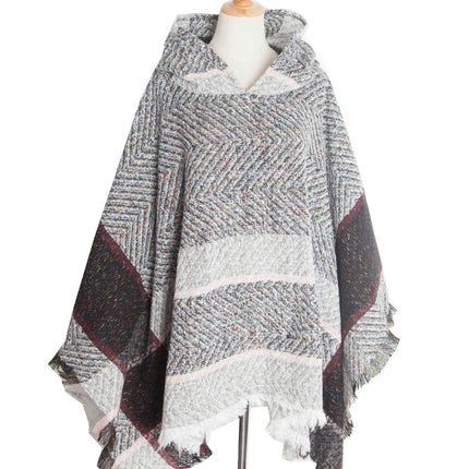 Shawl Knitted Poncho Pullover - Fishbone Pattern Hooded Shawl Irregular Tassel Winter Pullover Shawl