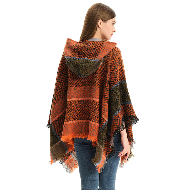 Shawl Knitted Poncho Pullover - Fishbone Pattern Hooded Shawl Irregular Tassel Winter Pullover Shawl
