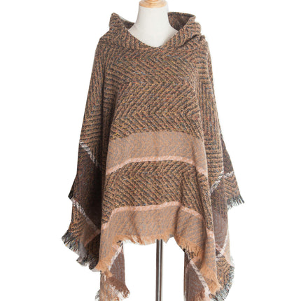 Shawl Knitted Poncho Pullover - Fishbone Pattern Hooded Shawl Irregular Tassel Winter Pullover Shawl