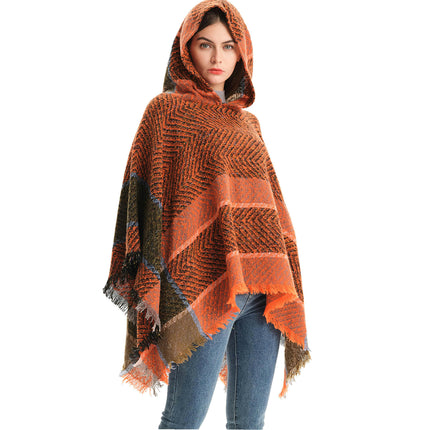 Shawl Knitted Poncho Pullover - Fishbone Pattern Hooded Shawl Irregular Tassel Winter Pullover Shawl