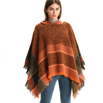 Shawl Knitted Poncho Pullover - Fishbone Pattern Hooded Shawl Irregular Tassel Winter Pullover Shawl