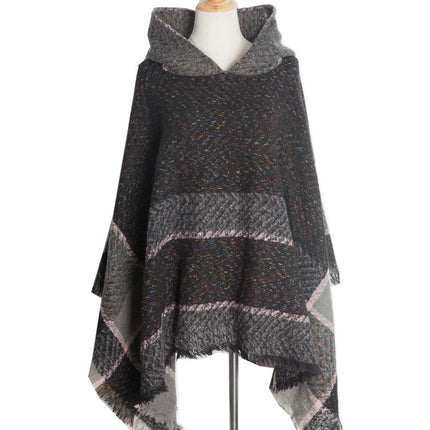 Shawl Knitted Poncho Pullover - Fishbone Pattern Hooded Shawl Irregular Tassel Winter Pullover Shawl